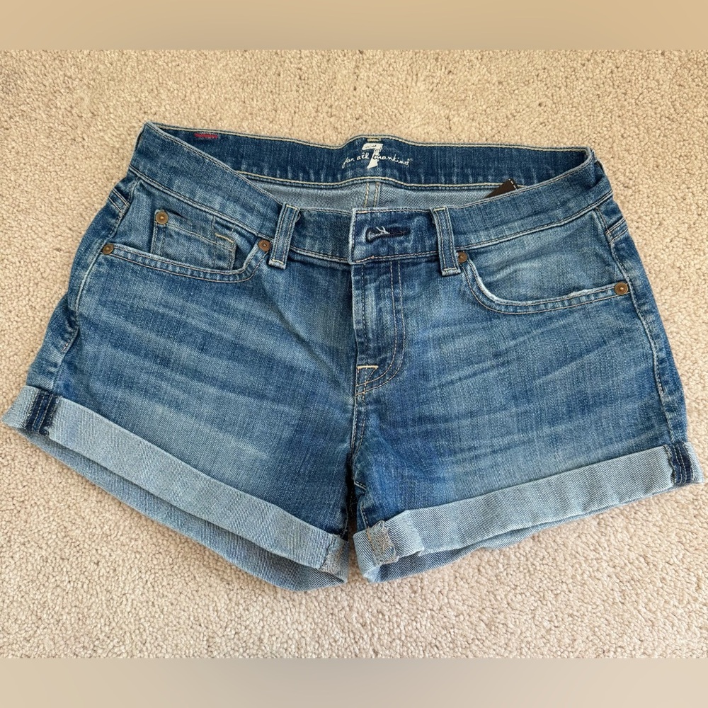 7 For All Mankind Blue Rolled-Cuff Denim Shorts
